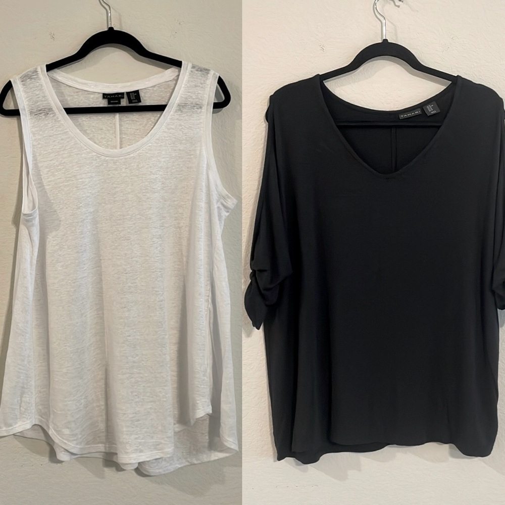 Tahari Pull Over Bundle (2) XL White 100% Linen Longline & Black Tie Sleeve